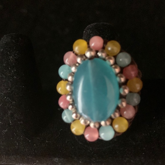 Unbranded Jewelry - Gorgeous Vtg Teal Stone with Silver & Multicolored Stone Beads Adjustable Ring